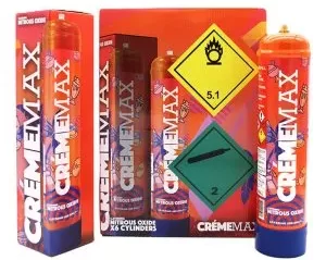 Box of whipped cream chargers with metal cartridges