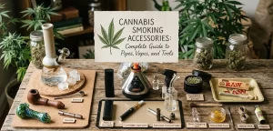 Rolling tray with glass pipes and smoking accessories setup