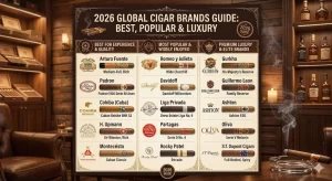 Premium cigar brands displayed in a wooden humidor box