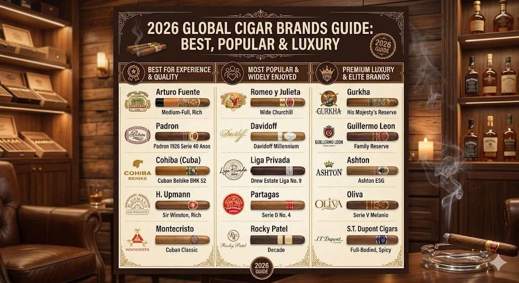 Premium cigar brands displayed in a wooden humidor box