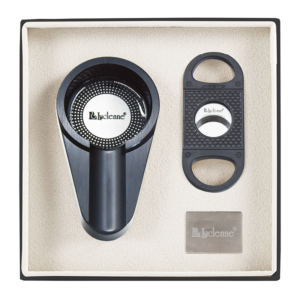LUCIENNE BLACK METALLIC CIGAR CUTTER & ASHTRAY SET BOX (ACS3)
