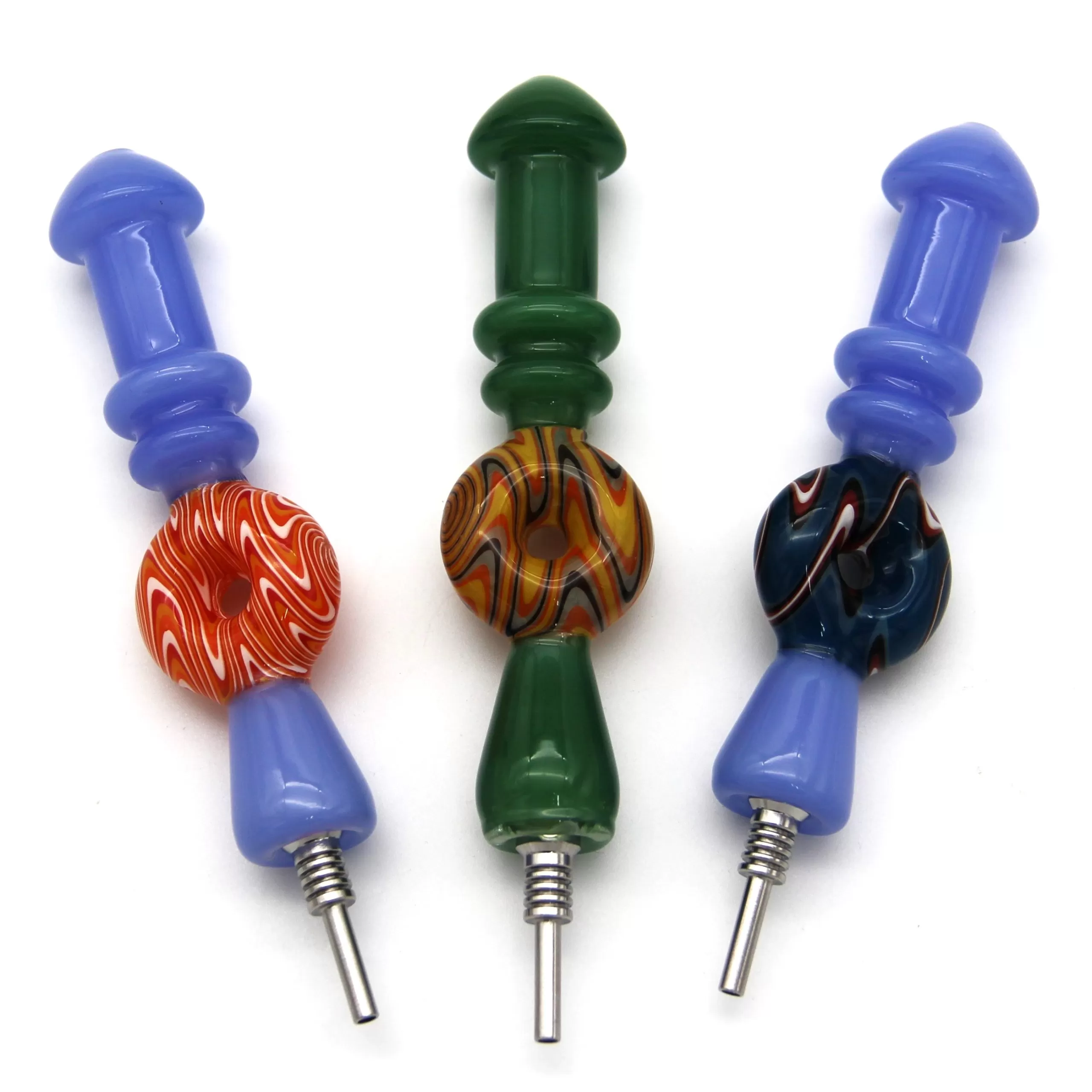 4.4'' GLASS HONEY STRAW W/ ZIG WAG COLORED DONUT IN THE MIDDLE / 10MM STAINLESS STEAL TIP (CH 1114-10-S)