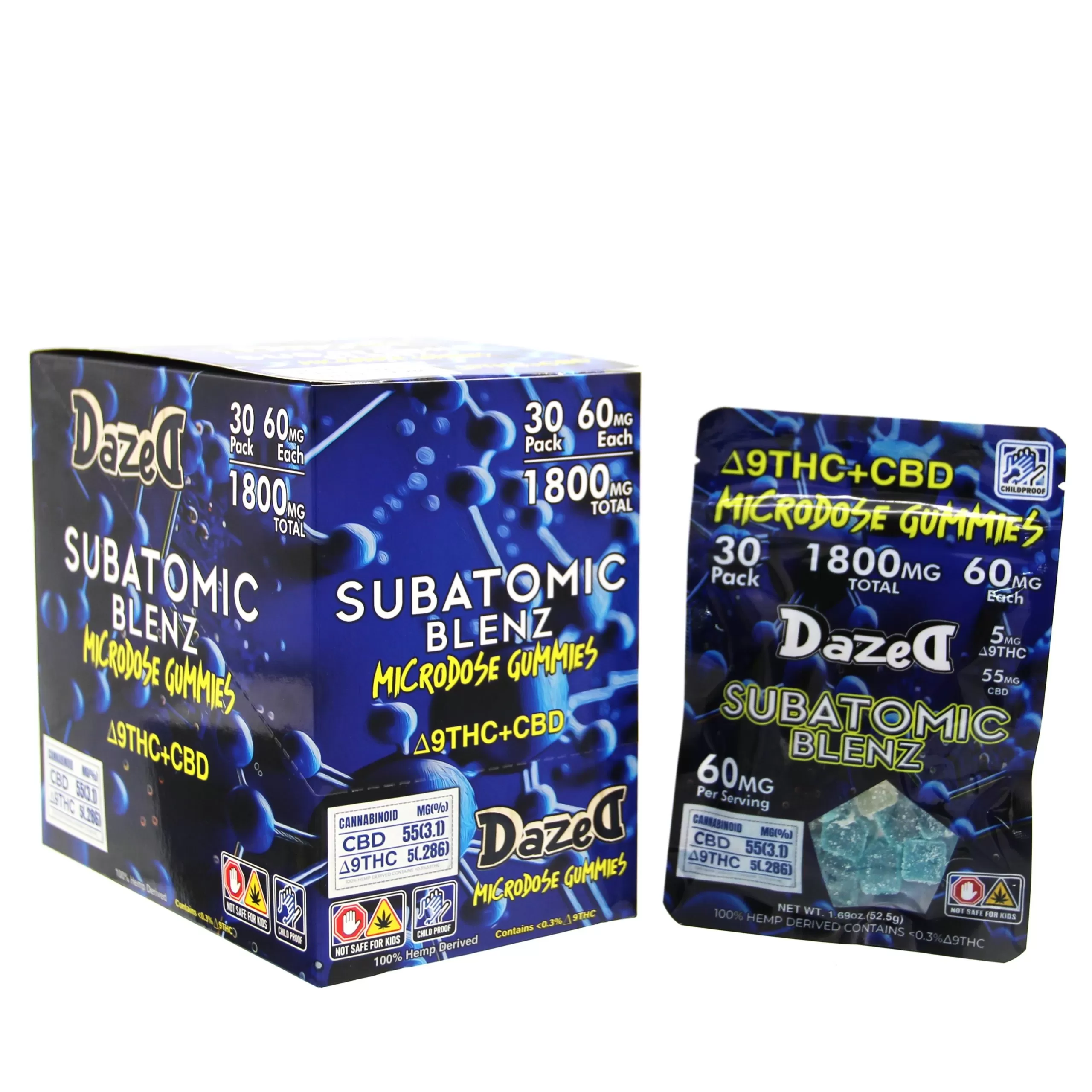 DAZED DELTA 9 ( 30CT PACK / 60MG EACH GUMMY) SUBATOMIC BLENZ MICRODOSE GUMMIES - BOX OF 5