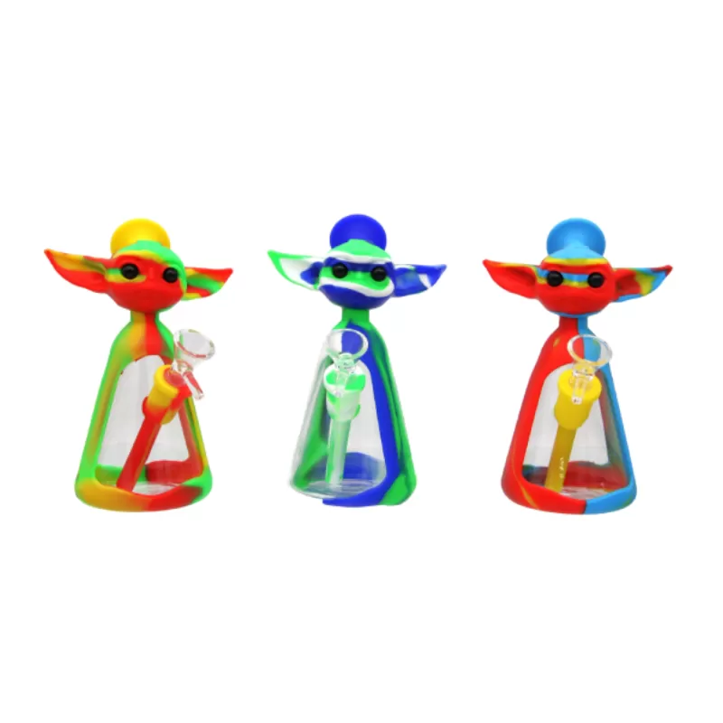 7.1'' SILICONE YODA WATERPIPE W / COLORED DOWNSTEM 14MM MALE FUNNEL BOWL ( SWP 632)