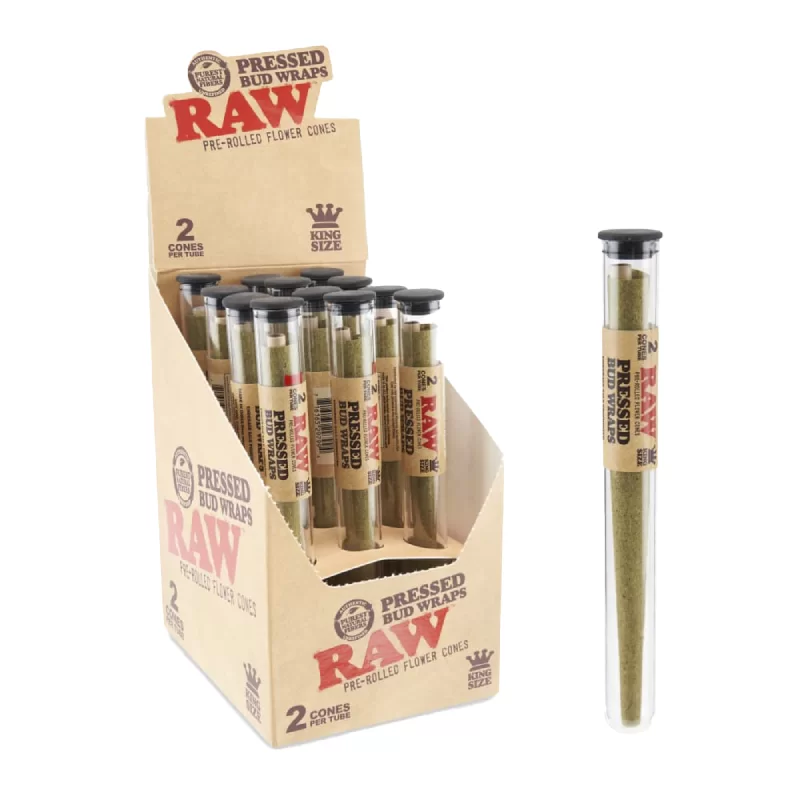 RAW CONE PRESSED BUD WRAPS KING SIZE 2CT PER TUBE 12 TUBE PER BOX
