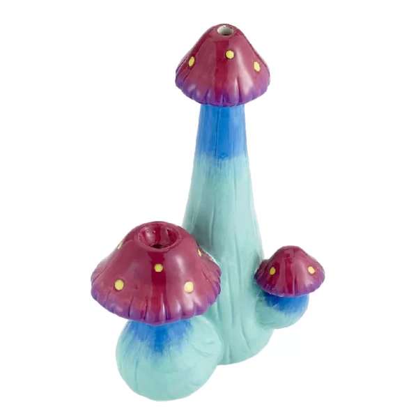 Ceramic triple mushroom-style waterpipe with colorful caps – Gotham Distro