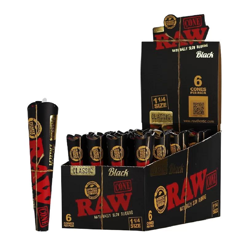 RAW CONES BLACK 1.25 6 PACK CLASSIC 32 PER BOX