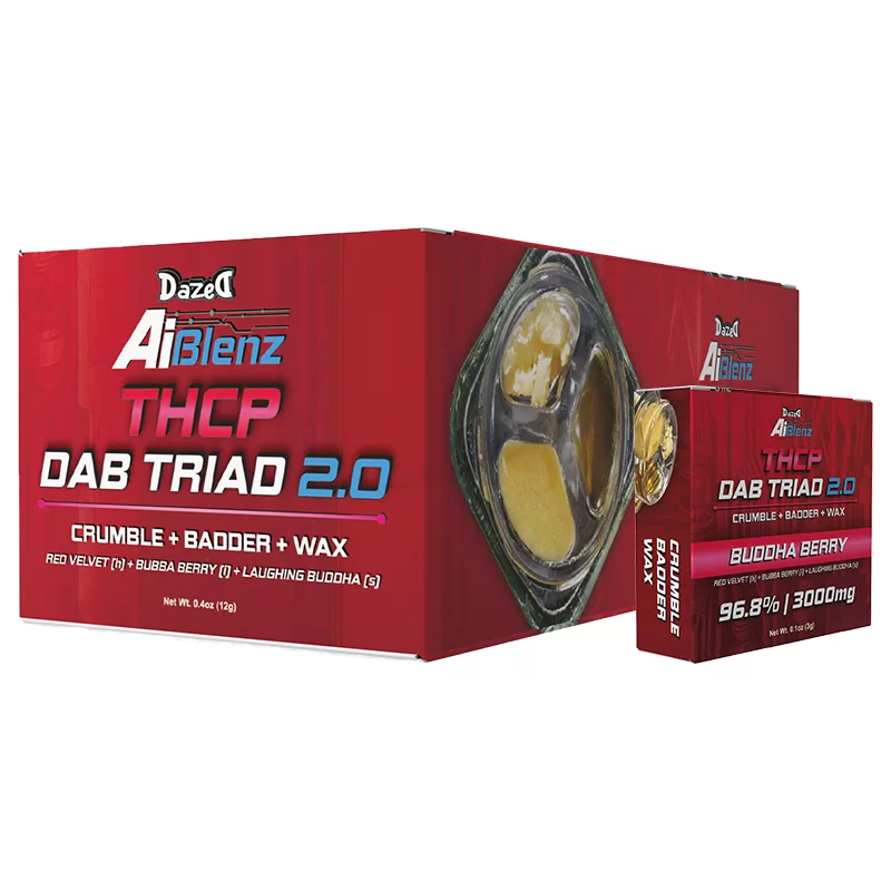DAZED AI BLENZ THCA DAB TRIAD 2.0 ( CRUMBLE+BADDER+ WAX) 3G BUDDHA BERRY - BOX OF 4