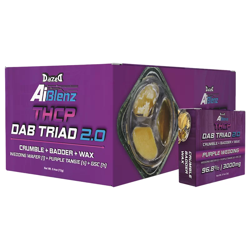 DAZED AI BLENZ THCA DAB TRIAD 2.0 ( CRUMBLE+BADDER+ WAX) 3G PURPLE WEDDING- BOX OF 4