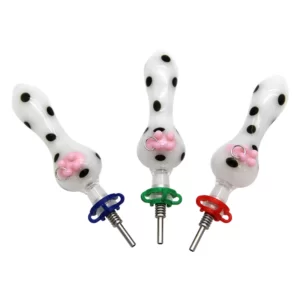 4.1” GLASS HONEY STRAW W/ COW DESIGN W/ 10MM STAINLESS STEAL TIP AND PLASTIC CLIP (CH 1212-10-S)
