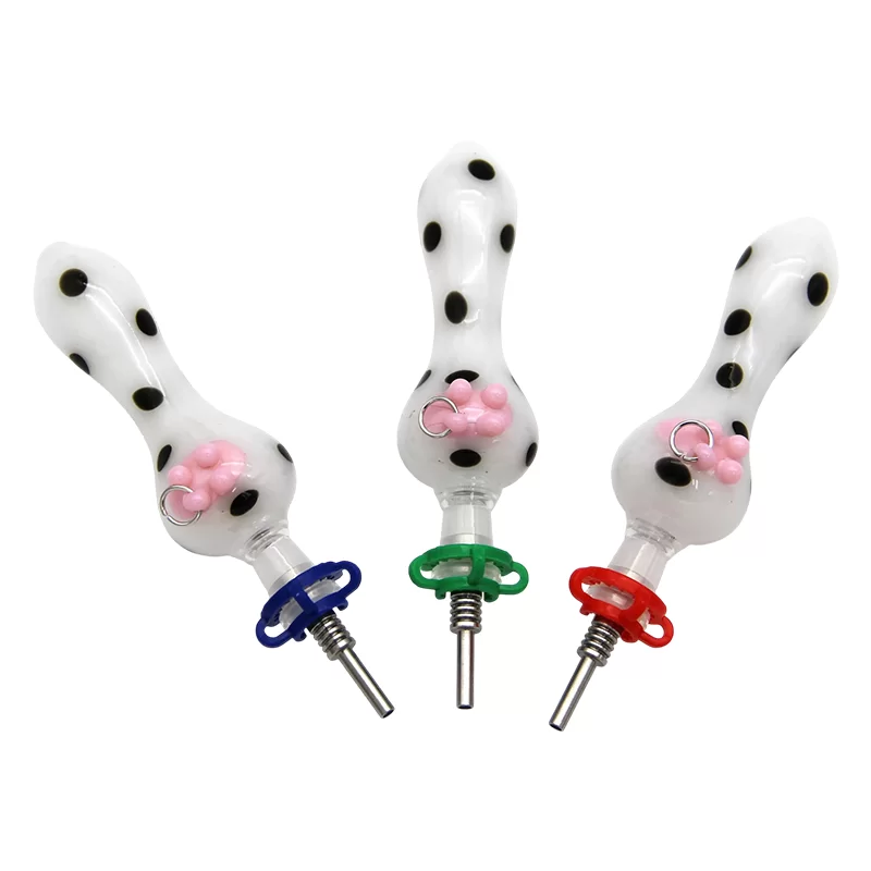 4.1'' GLASS HONEY STRAW W/ COW DESIGN W/ 10MM STAINLESS STEAL TIP AND PLASTIC CLIP (CH 1212-10-S)