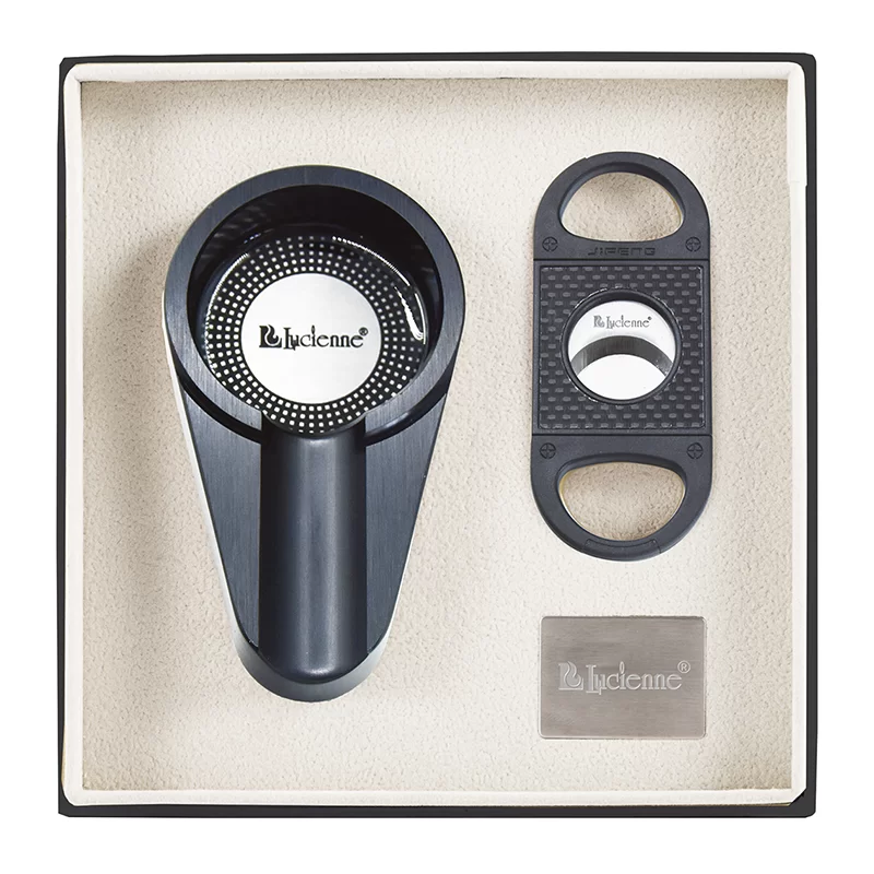 LUCIENNE BLACK METALLIC CIGAR CUTTER & ASHTRAY SET BOX (ACS3)