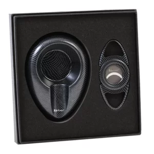 LUCIENNE BLACK CARBON FIBER DESIGN CIGAR CUTTER & ASHTRAY SET BOX (ACS2)