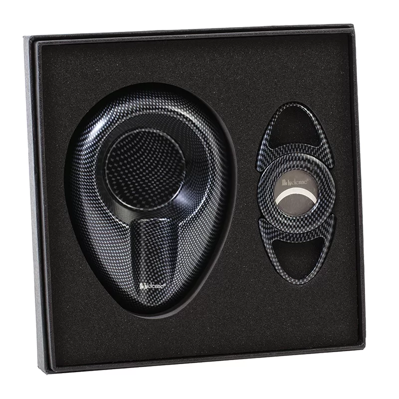 LUCIENNE BLACK CARBON FIBER DESIGN CIGAR CUTTER & ASHTRAY SET BOX (ACS2)