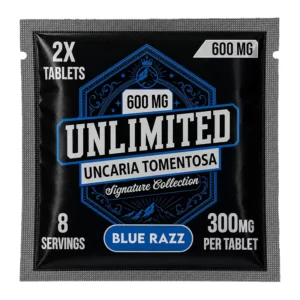 UNLIMITED UNCARIA TOMENTOSA BOTANICALS SIGNATURE COLLECTION (300MG PER TAB) 2CT PACK (TOTAL 600MG TABLTES PER PACK) BLUE RAZZ – PACK OF 30CT
